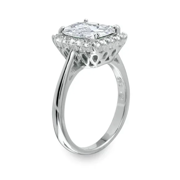 Silver 925 Rhodium Plated Square Clear CZ Halo Rin